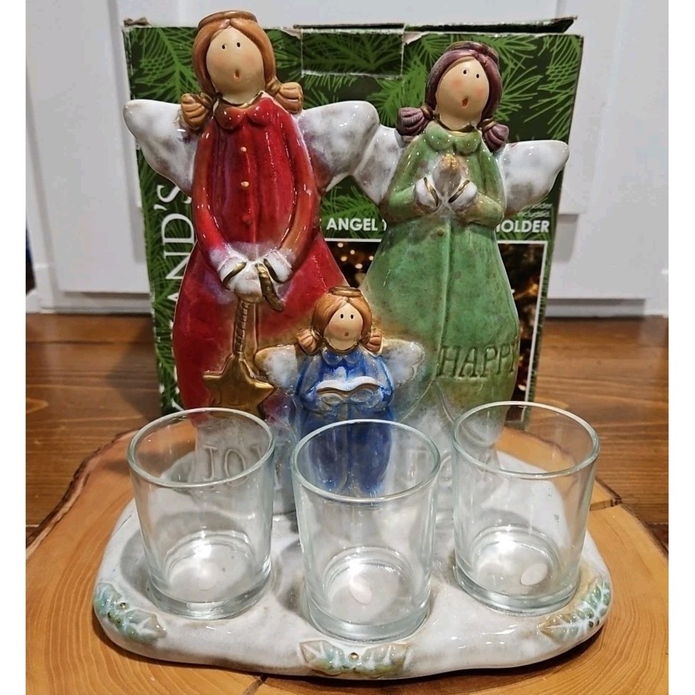 Vintage Kirklands Ceramic Angel Triple Votive Candle Holder Figure Christmas Joy